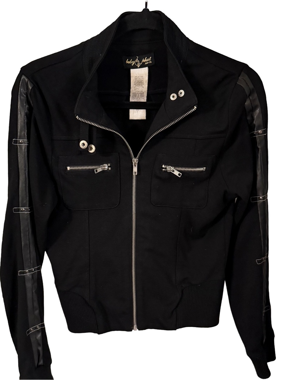 Baby Phat VTG Zip Up Jacket Black Silver Accents Sz S Zip Pockets Moto Style EUC